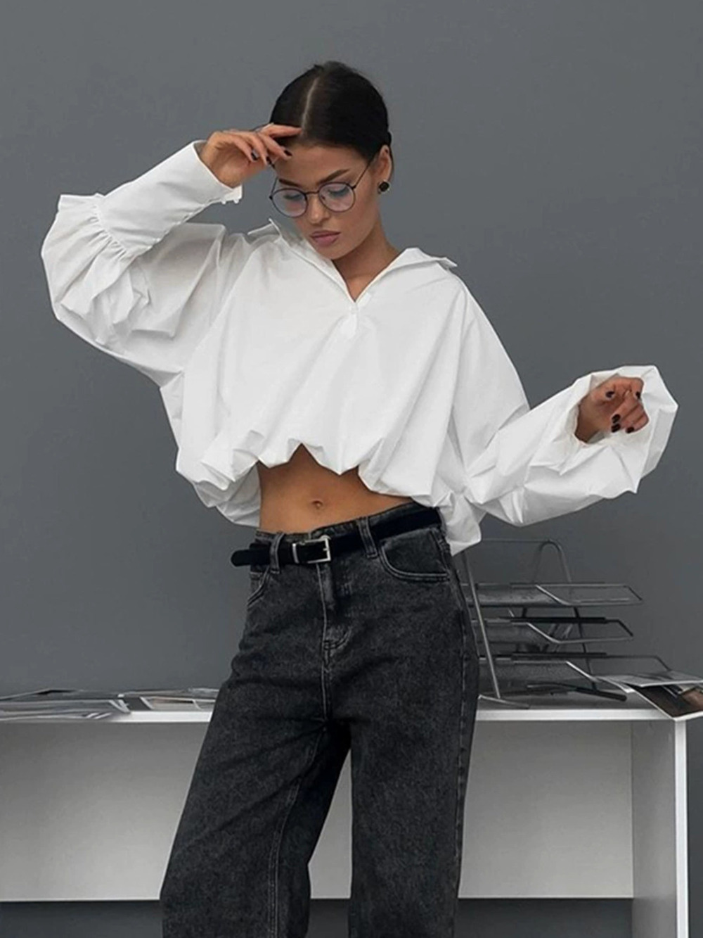 Forever 21 Spring Summer White Cropped Draped Collar Blouse